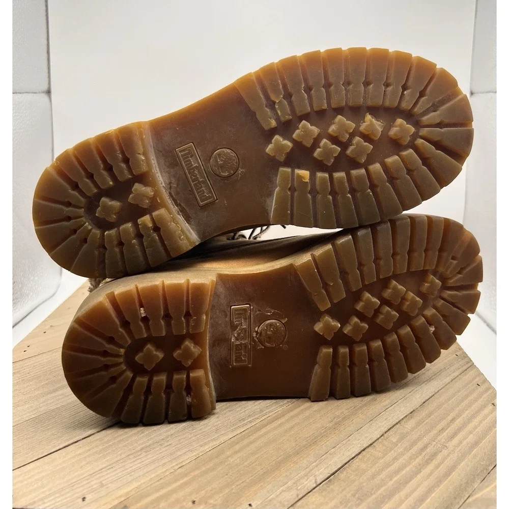Timberland Boys Size 3 Wheat Nubuck Leather Boots Faux Fur Collar Lace Up Kids